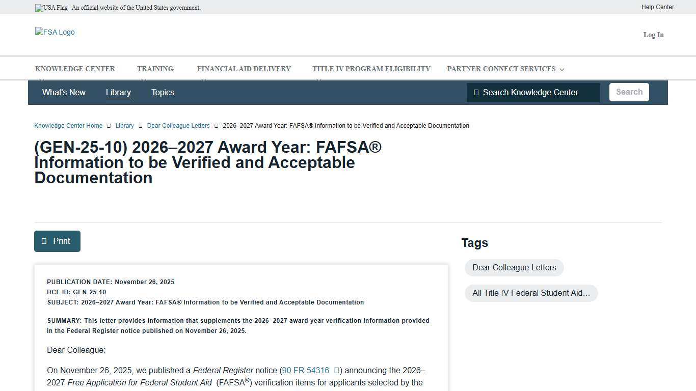 2026–2027 Award Year: FAFSA® Information to be Verified and Acceptable Documentation | Knowledge Center